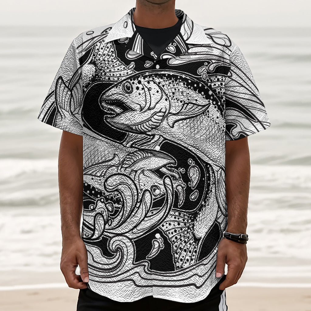 White And Black Pisces Sign Print Textured Short Sleeve Shirt