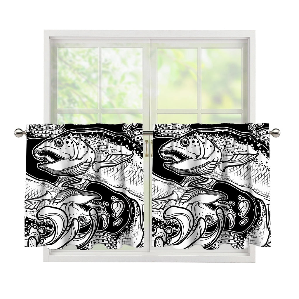 White And Black Pisces Sign Print Tier Curtains
