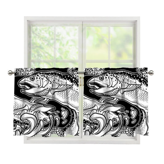 White And Black Pisces Sign Print Tier Curtains