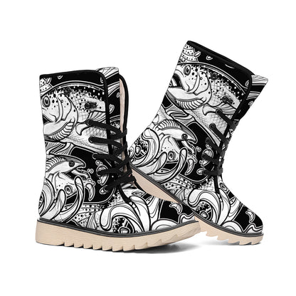 White And Black Pisces Sign Print Winter Boots