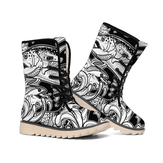 White And Black Pisces Sign Print Winter Boots