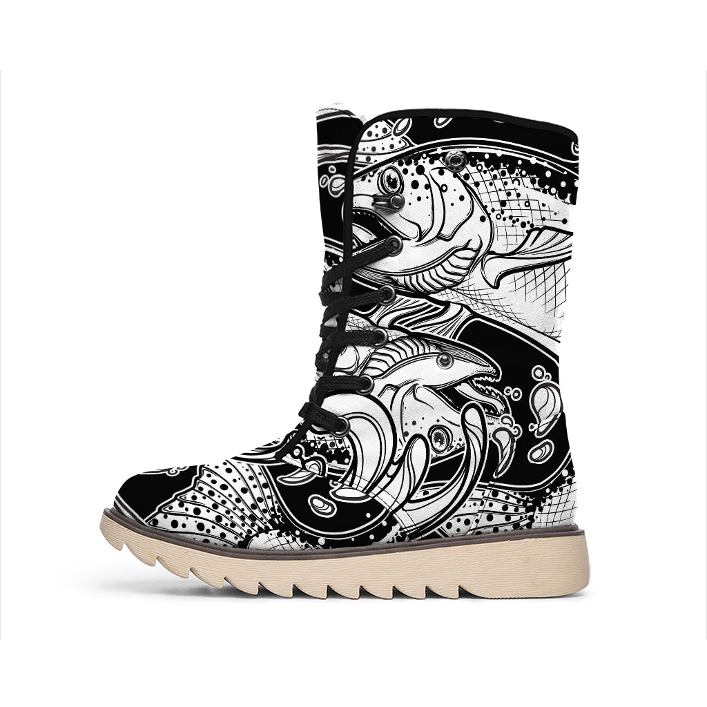 White And Black Pisces Sign Print Winter Boots