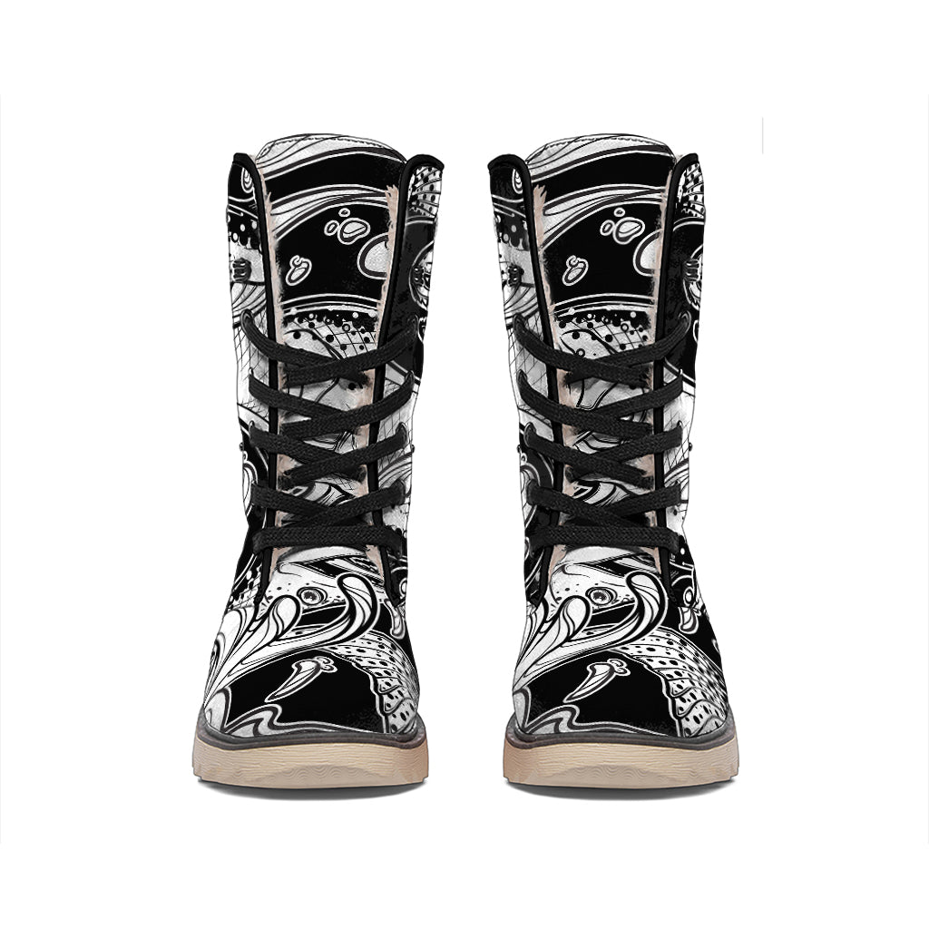 White And Black Pisces Sign Print Winter Boots