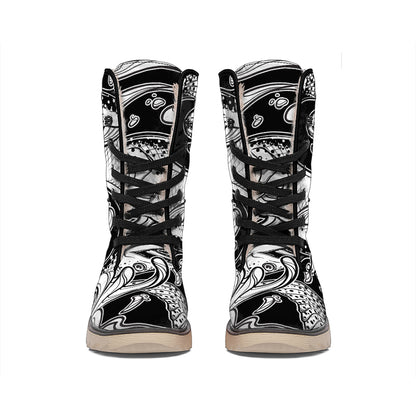 White And Black Pisces Sign Print Winter Boots