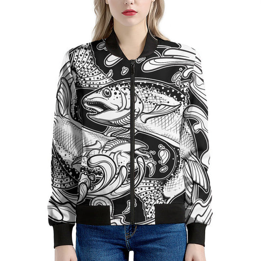 White And Black Pisces Sign Print Women's Bomber Jacket