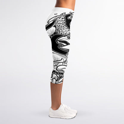 White And Black Pisces Sign Print Women's Capri Leggings