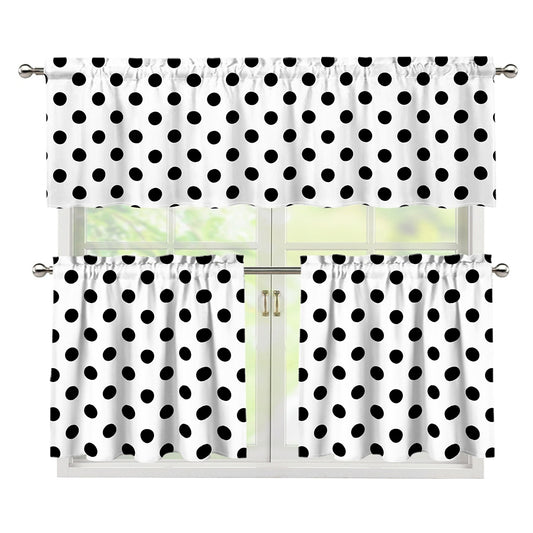 White And Black Polka Dot Pattern Print 3 Piece Kitchen Curtains