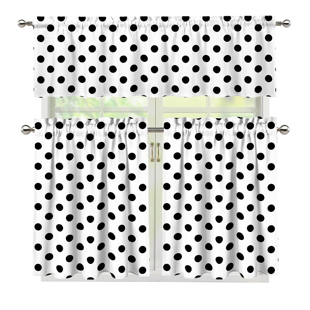 White And Black Polka Dot Pattern Print 3 Piece Kitchen Curtains