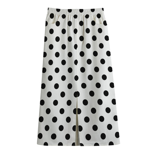 White And Black Polka Dot Pattern Print Cotton Front Slit Maxi Skirt