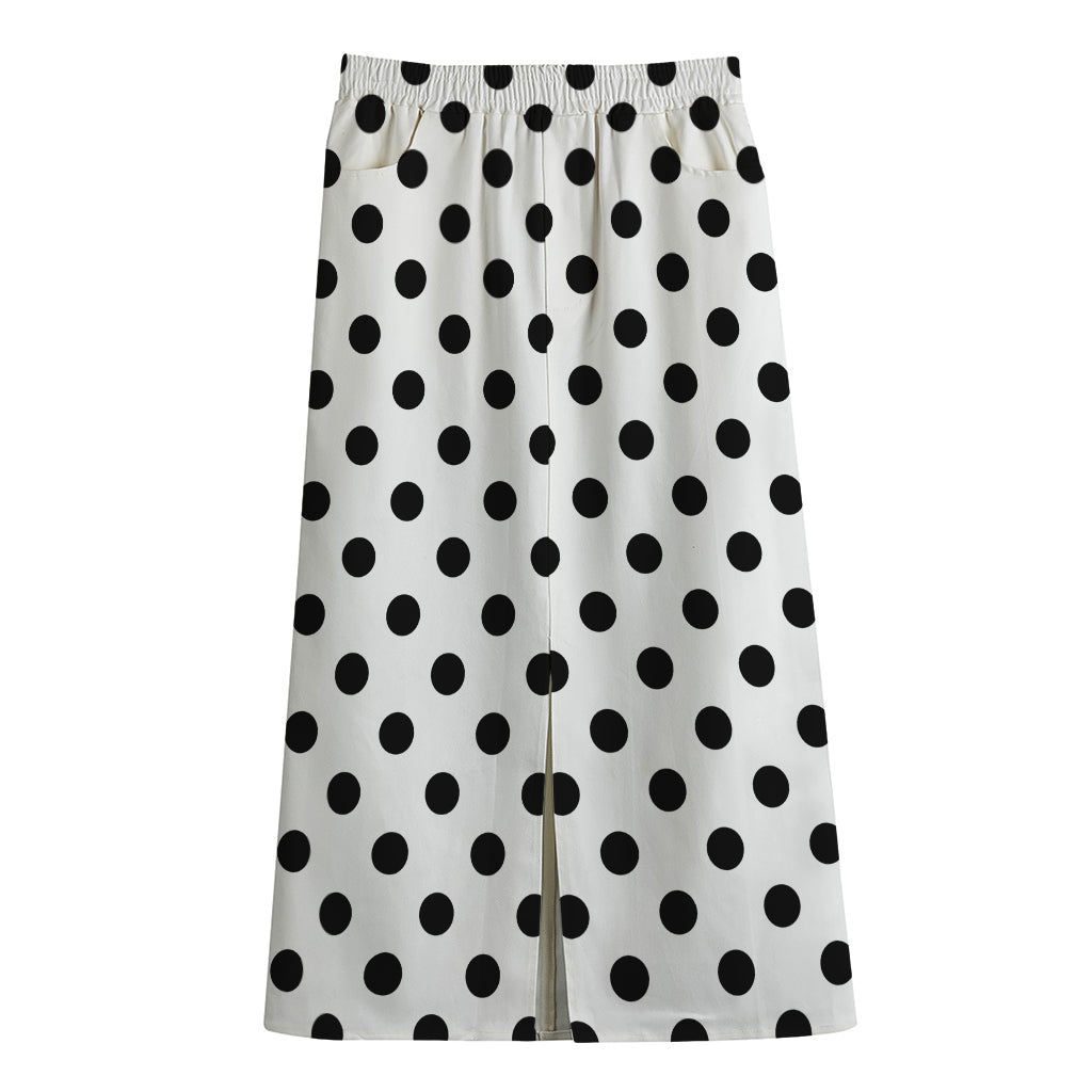 White And Black Polka Dot Pattern Print Cotton Front Slit Maxi Skirt