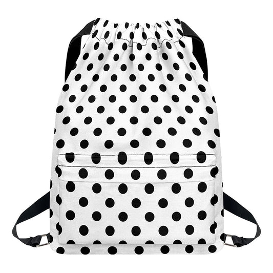 White And Black Polka Dot Pattern Print Drawstring Backpack