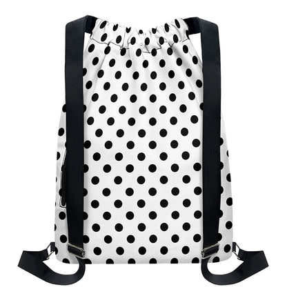 White And Black Polka Dot Pattern Print Drawstring Backpack