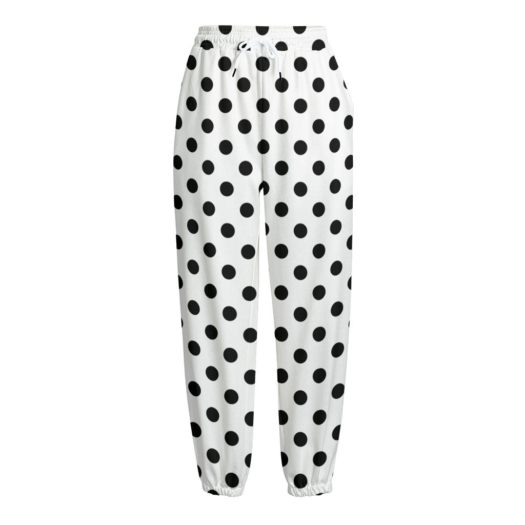 White And Black Polka Dot Pattern Print Fleece Lined Knit Pants