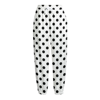 White And Black Polka Dot Pattern Print Fleece Lined Knit Pants