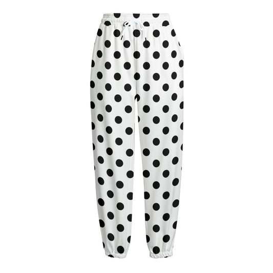 White And Black Polka Dot Pattern Print Fleece Lined Knit Pants