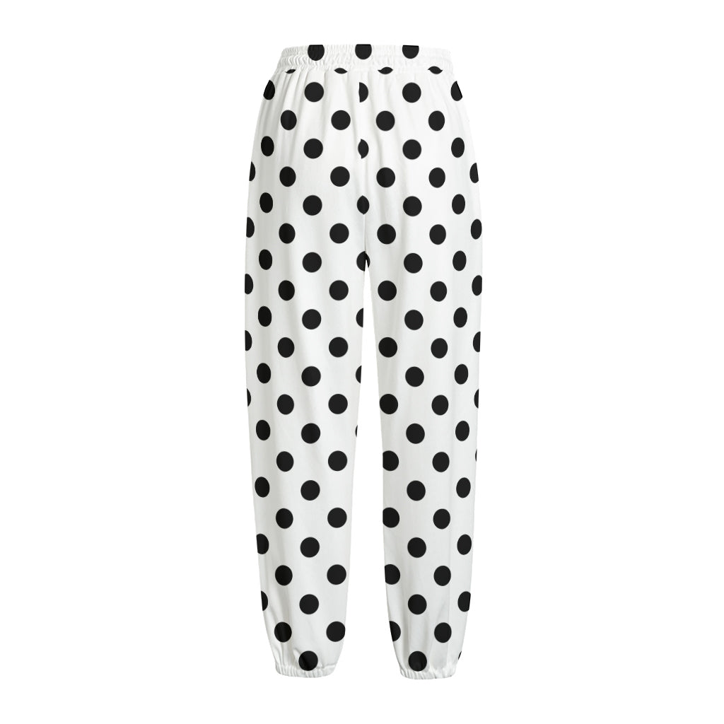White And Black Polka Dot Pattern Print Fleece Lined Knit Pants