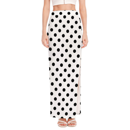 White And Black Polka Dot Pattern Print High Slit Maxi Skirt