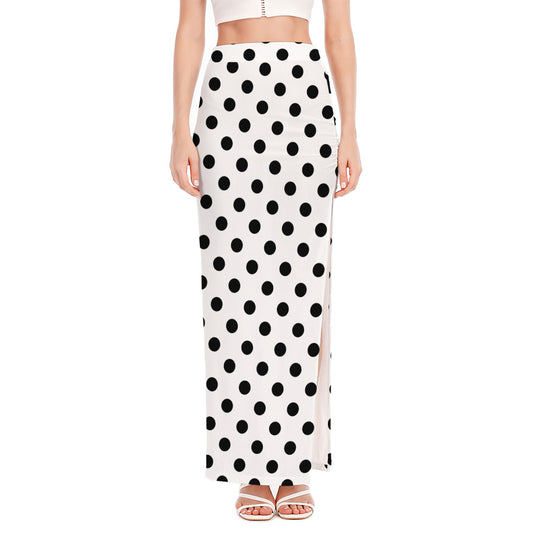 White And Black Polka Dot Pattern Print High Slit Maxi Skirt