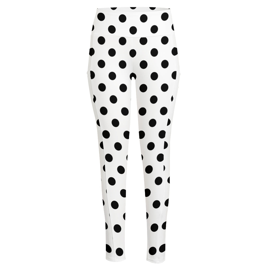 White And Black Polka Dot Pattern Print High-Waisted Pocket Leggings