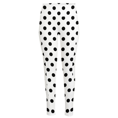 White And Black Polka Dot Pattern Print High-Waisted Pocket Leggings