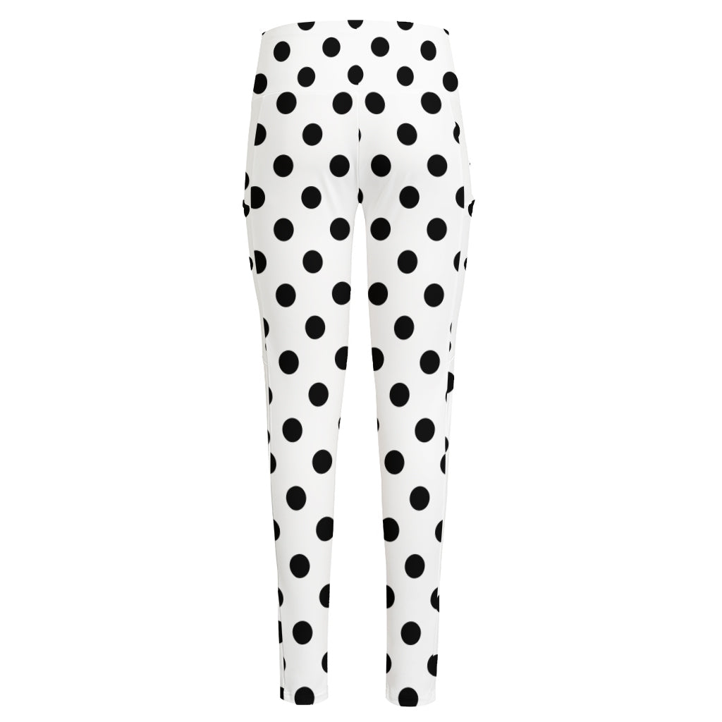 White And Black Polka Dot Pattern Print High-Waisted Pocket Leggings