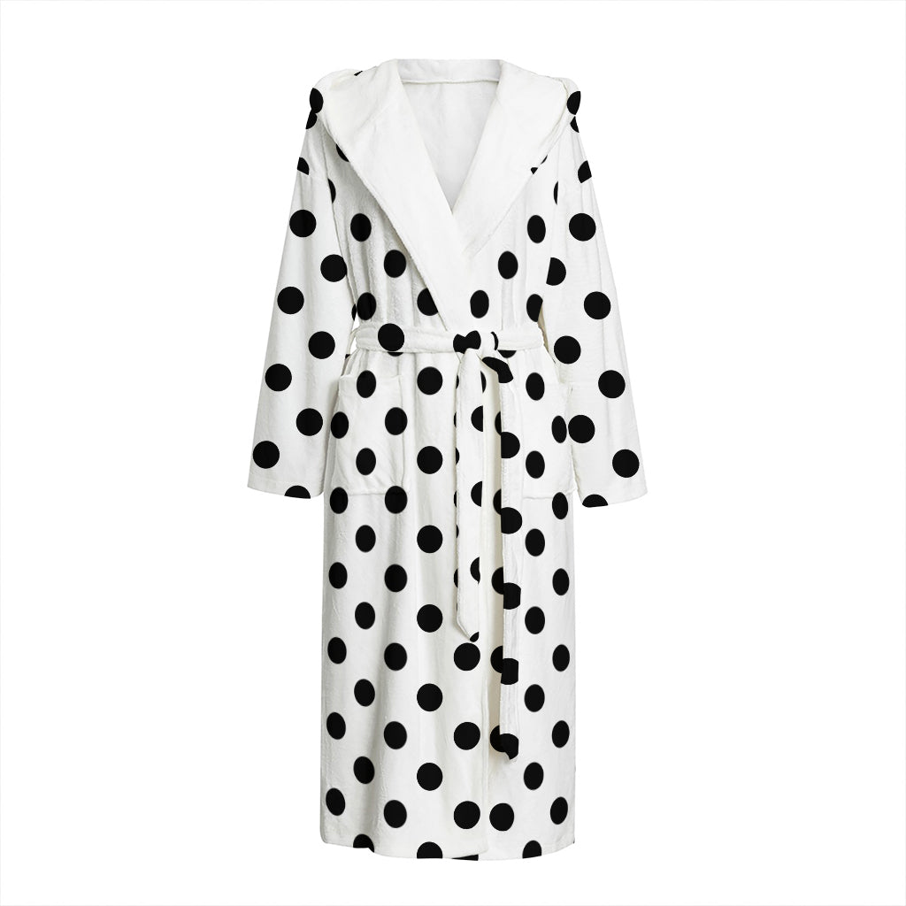 White And Black Polka Dot Pattern Print Hooded Bathrobe