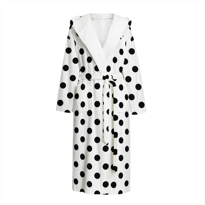 White And Black Polka Dot Pattern Print Hooded Bathrobe