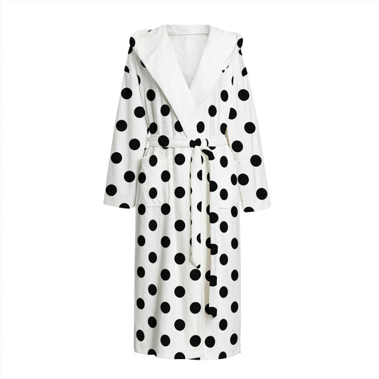 White And Black Polka Dot Pattern Print Hooded Bathrobe