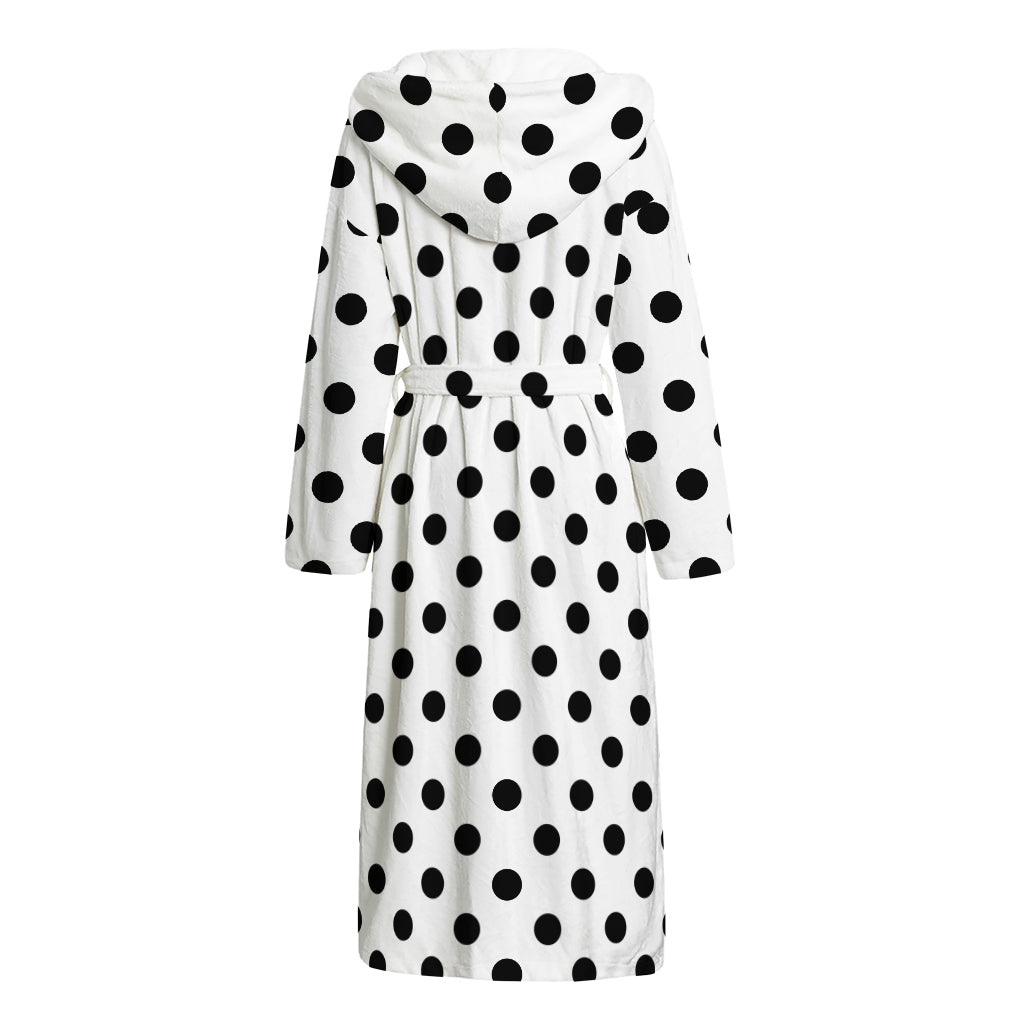 White And Black Polka Dot Pattern Print Hooded Bathrobe