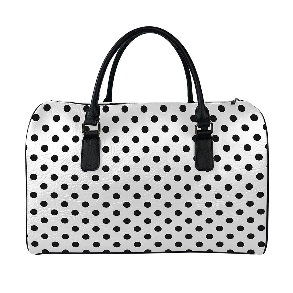 White And Black Polka Dot Pattern Print Leather Duffle Bag