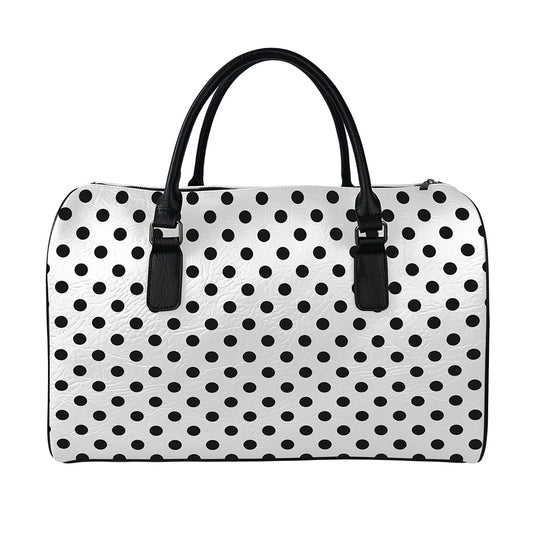 White And Black Polka Dot Pattern Print Leather Duffle Bag
