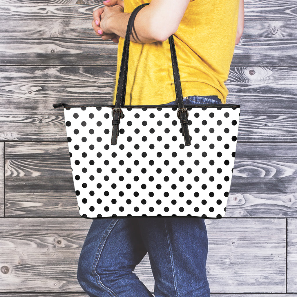 White And Black Polka Dot Pattern Print Leather Tote Bag