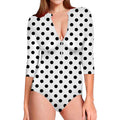 White And Black Polka Dot Pattern Print Long Sleeve Swimsuit