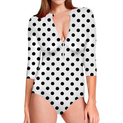 White And Black Polka Dot Pattern Print Long Sleeve Swimsuit