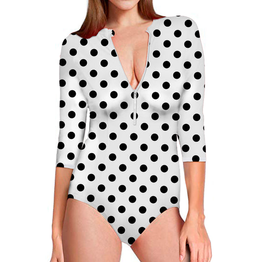 White And Black Polka Dot Pattern Print Long Sleeve Swimsuit