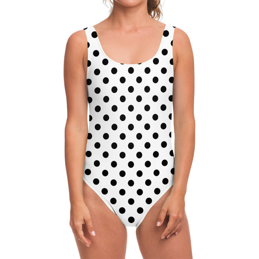 White And Black Polka Dot Pattern Print One Piece Swimsuit