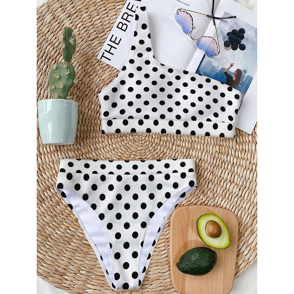 White And Black Polka Dot Pattern Print One Shoulder Bikini Top