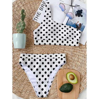 White And Black Polka Dot Pattern Print One Shoulder Bikini Top