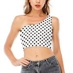 White And Black Polka Dot Pattern Print One Shoulder Crop Top