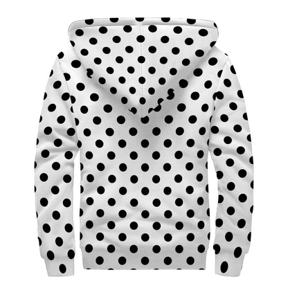 White And Black Polka Dot Pattern Print Sherpa Lined Zip Up Hoodie