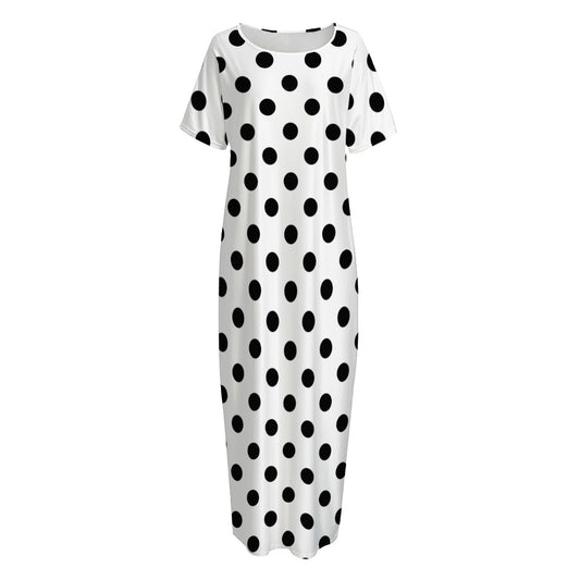 White And Black Polka Dot Pattern Print Short Sleeve Long Nightdress