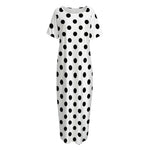 White And Black Polka Dot Pattern Print Short Sleeve Long Nightdress