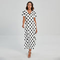 White And Black Polka Dot Pattern Print Short Sleeve Maxi Dress
