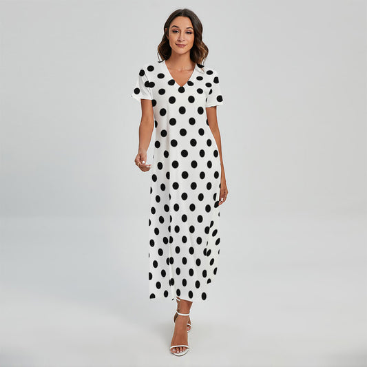 White And Black Polka Dot Pattern Print Short Sleeve Maxi Dress