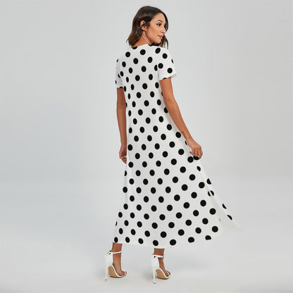 White And Black Polka Dot Pattern Print Short Sleeve Maxi Dress