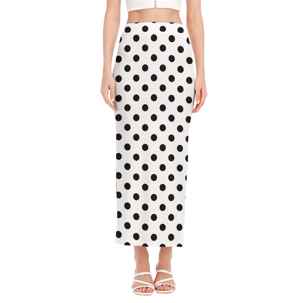 White And Black Polka Dot Pattern Print Side Slit Maxi Skirt