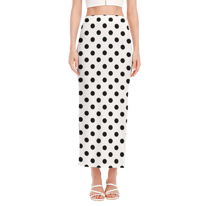White And Black Polka Dot Pattern Print Side Slit Maxi Skirt