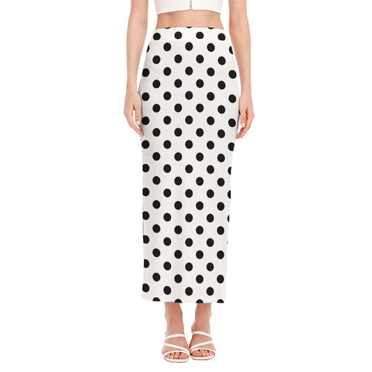 White And Black Polka Dot Pattern Print Side Slit Maxi Skirt