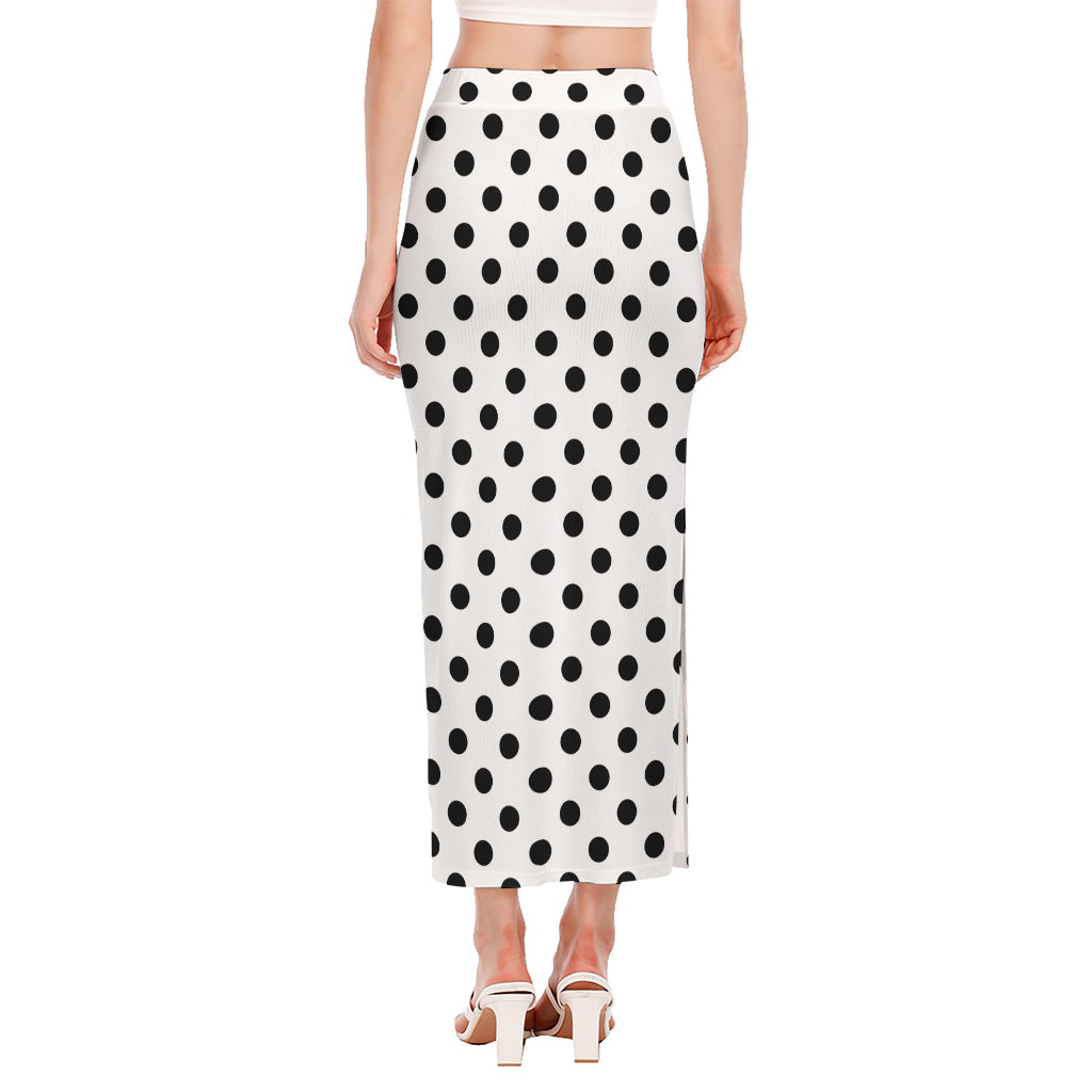 White And Black Polka Dot Pattern Print Side Slit Maxi Skirt