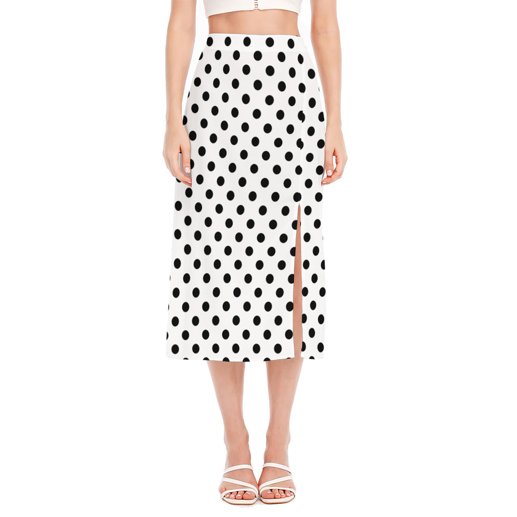 White And Black Polka Dot Pattern Print Side Slit Midi Skirt